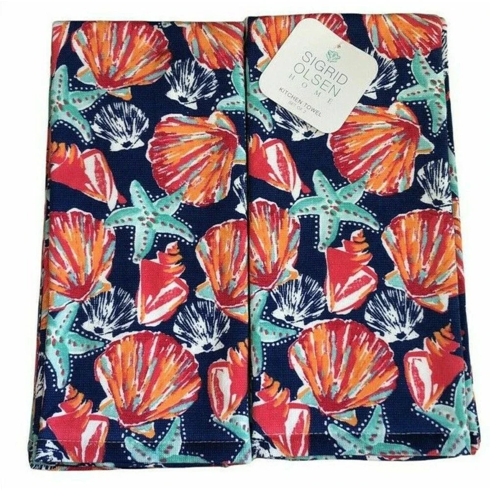 Sigrid Olsen Kitchen Dish Towels Set of 2 Starfish Shells Summer Beach House